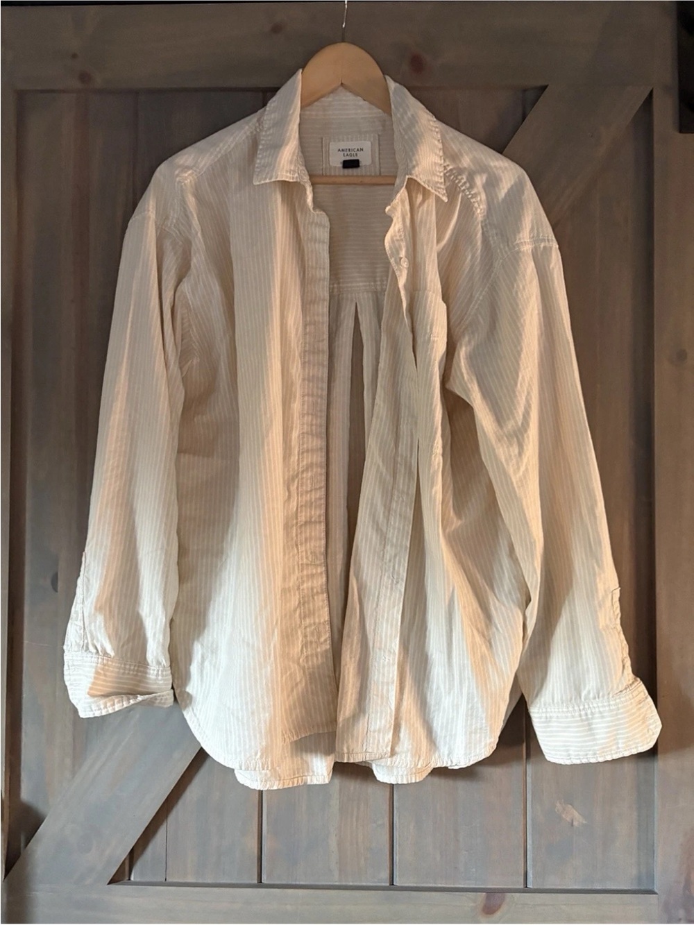 American Eagle Beige Button Down Shirt Stripes